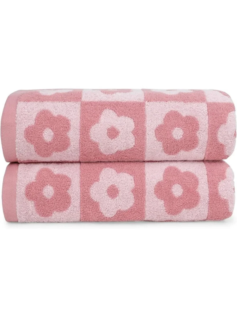 Luxury Pink Checkered Floral Bath Towels Set - Soft, Absorbent, Stylish for